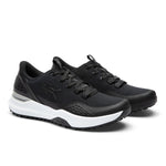 Black shoes with white soles on a white background