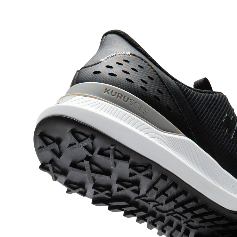 Black and gray shoe with Kuru Sole branding on a white background