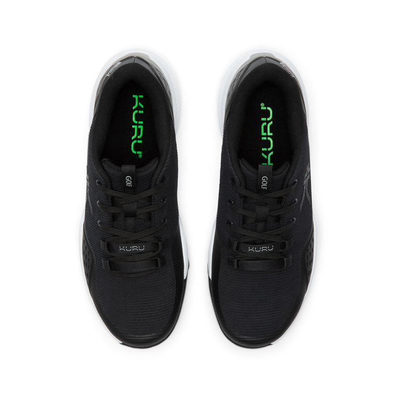 Black sneakers with 'Kuru' branding on a white background