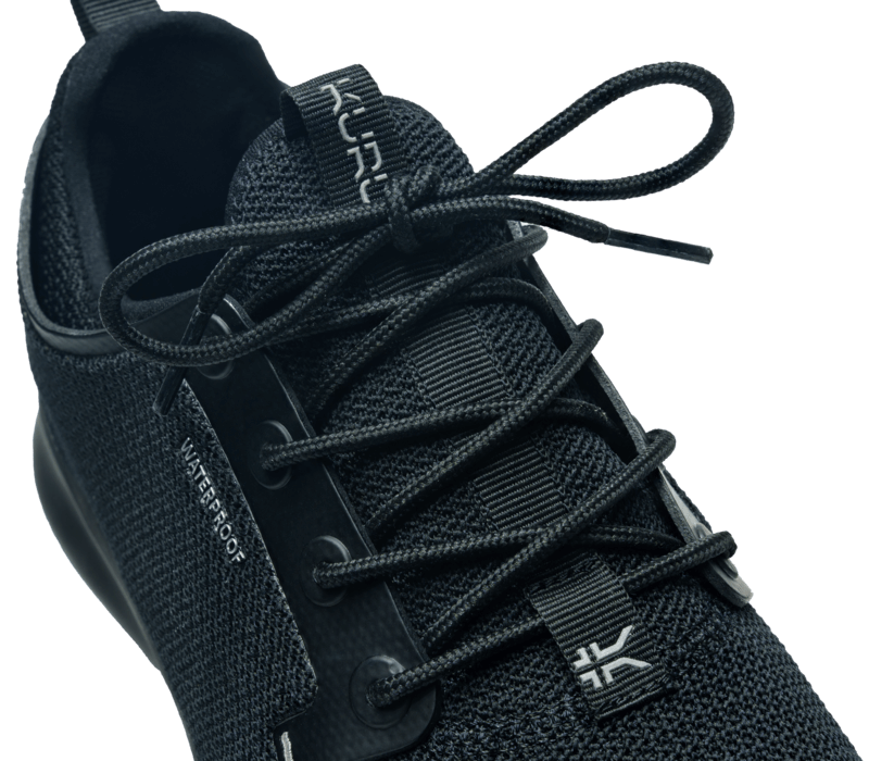 Close-up of the laces on the KURU Footwear Women's ATOM Waterproof in Jet Black. 