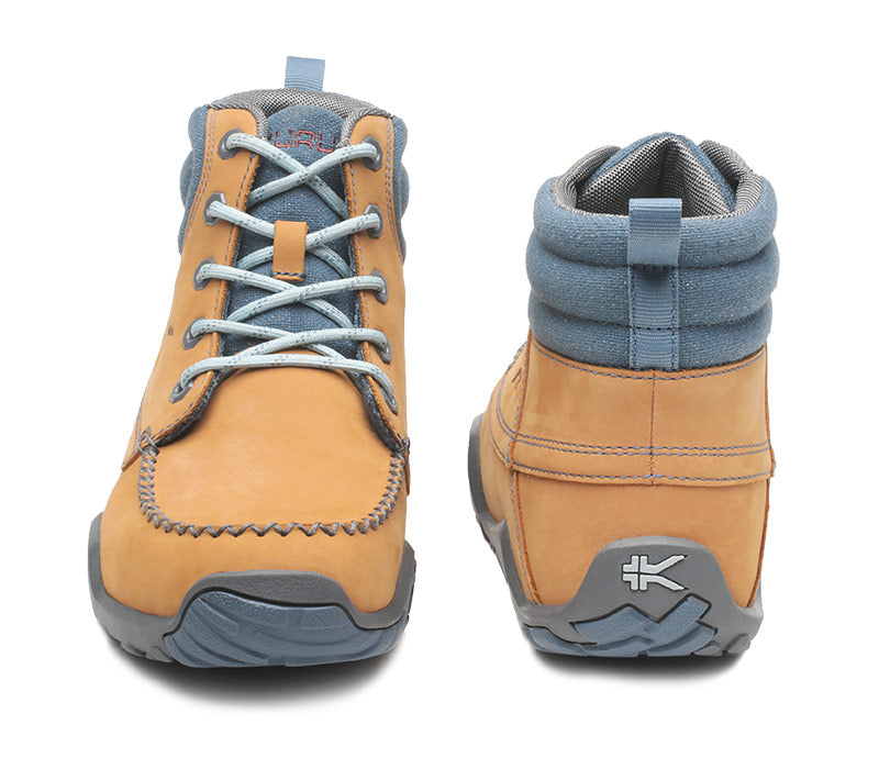 Front and back view on KURU Footwear QUEST Women's Hiking Boot in GoldenWheat-SlateGray-BlueHaze