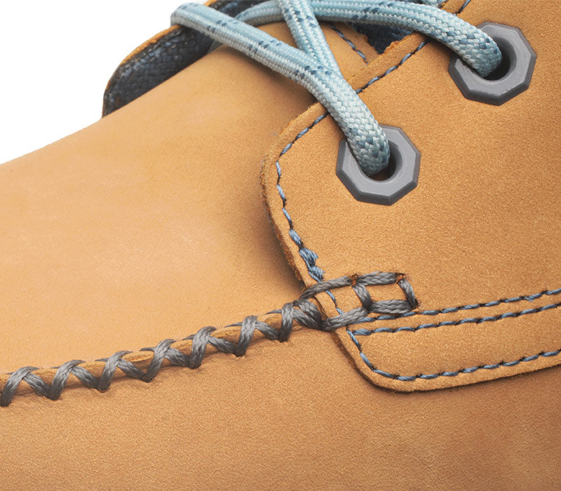 Close-up of the material on the KURU Footwear QUEST Women's Hiking Boot in GoldenWheat-SlateGray-BlueHaze