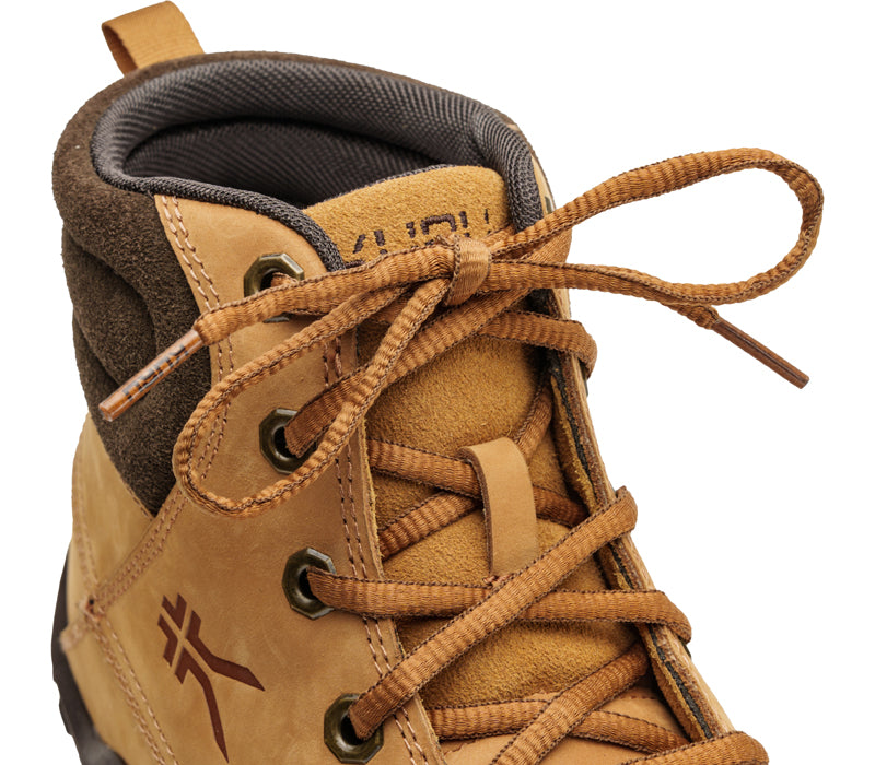 Close-up of the laces on the KURU Footwear QUEST Men's Hiking Boot in GoldenWheat-WoodstockBrown