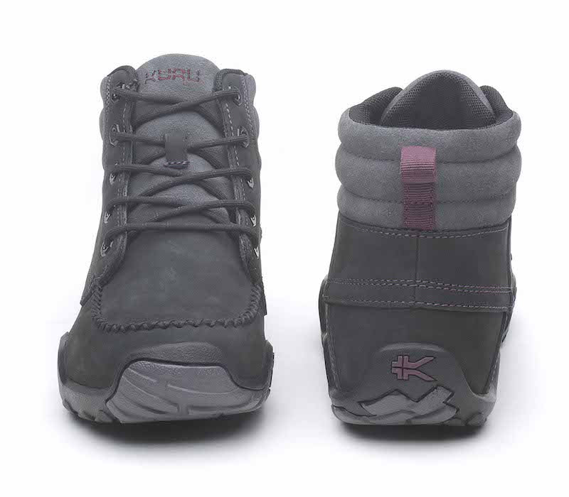Front and back view on KURU Footwear QUEST Women's Hiking Boot in JetBlack-Basalt-FigPurple