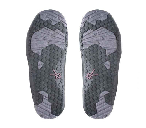 Detail of the sole pattern on the KURU Footwear QUEST Women's Hiking Boot in JetBlack-Basalt-FigPurple