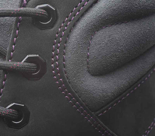 Close-up of the material on the KURU Footwear QUEST Women's Hiking Boot in JetBlack-Basalt-FigPurple
