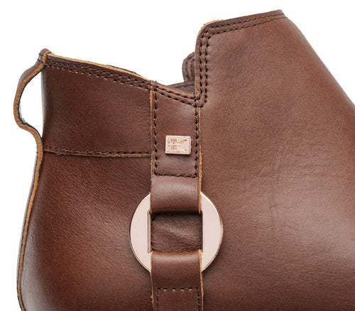 Close-up of the material on the KURU Footwear TEMPO Women's Ankle Boot in RichWalnut-Copper
