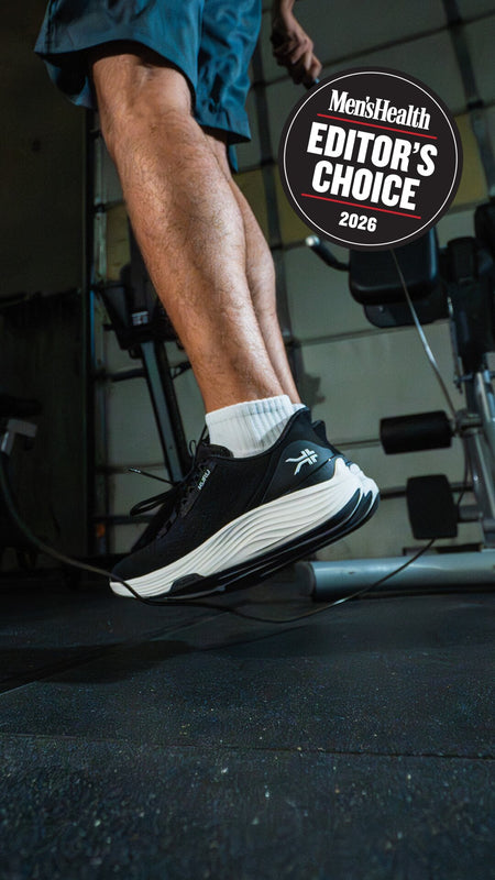 Man wearing KURU ATOM 2 Men's Athletic Sneaker in Black during a gym workout, a Men's Health 2026 Editor's Choice pick