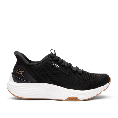 KURU ATOM 2 Women's Athletic Sneaker in Jet Black-Desert Tan, lateral view.