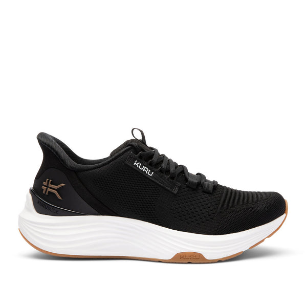 KURU ATOM 2 Women's Athletic Sneaker in Jet Black-Desert Tan, lateral view.