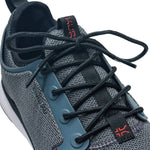 Back heel view of the KURU ATOM Waterproof Men's Sneaker in Blue Haze-Charcoal Gray.