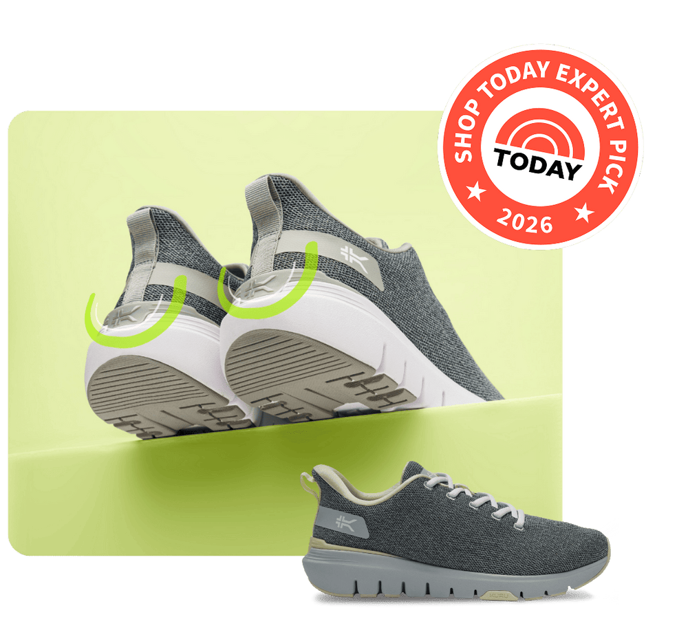 A pair of gray and white athletic sneakers shown from multiple angles on a pale yellow-green graphic background, with a red circular 'Shop Today Expert Pick 2026' badge in the top right.