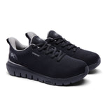 Angled side profile of the KURU FLEX Via Waterproof Unisex Sneaker in Jet Black-Tungsten Gray.