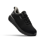 Angled side profile of the KURU FLEX Via Waterproof Unisex Sneaker in Jet Black-Tungsten Gray.
