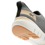 Close-up of the heel cup and KURUSOLE on the KURU FLEX Via Waterproof Unisex Sneaker in Pewter Gray-Salt White.
