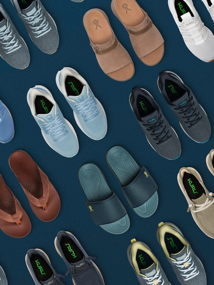 KURU Footwear summer collection featuring sneakers, sandals, and slides for all-day comfort.