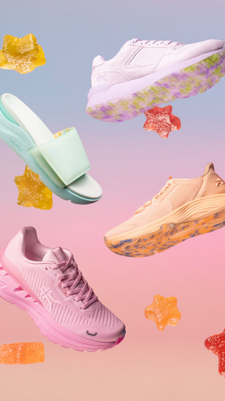 KURU shoes in pastel colorways floating in a candy-themed scene, showcasing the latest women's styles.