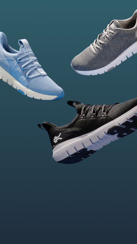 Three KURU sneakers in Light Blue, Heather Grey, and Black floating for the Labor Day sale.