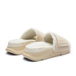 Rear angled view of KURU MOMENT Women's Cozy Slides in Ashwood-Winter Cream showing the sherpa-lined heel.
