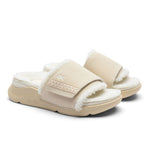 Pair of KURU MOMENT Women's Cozy Slides in Ashwood-Winter Cream, lateral view.