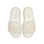 KURU MOMENT Women's Cozy Slide in Ashwood-Winter Cream, top-down view showing the sherpa-lined footbed.