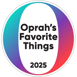 A circular graphic badge with the text 'Oprah's Favorite Things 2025' in black on a white center, surrounded by curved teal, purple, and red gradient bands.