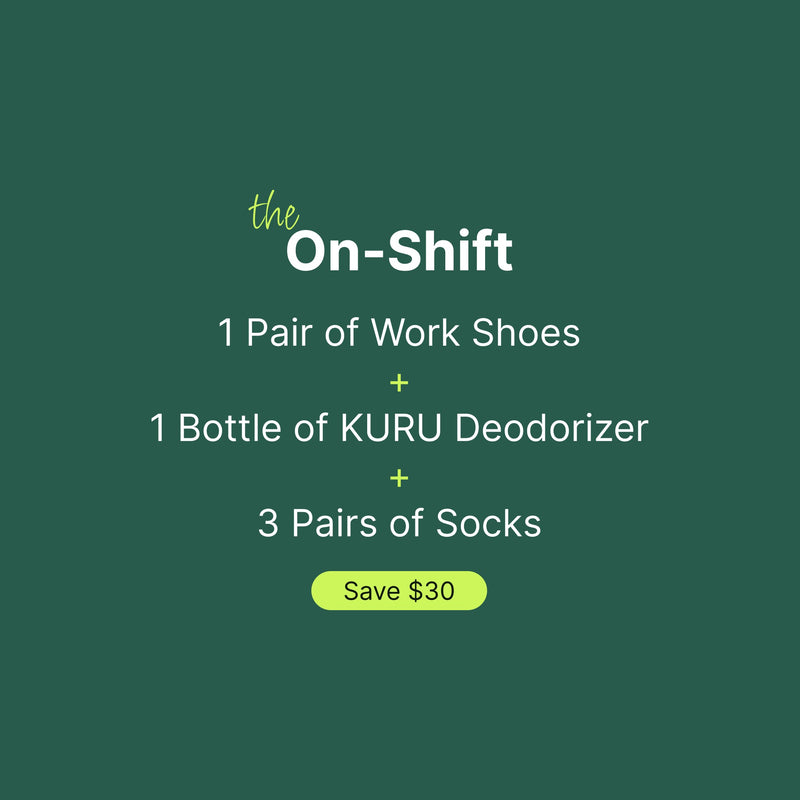 The KURU On-Shift bundle: work shoes, a bottle of KURU deodorizer, and three pairs of socks. Save $30.