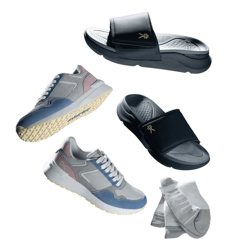 The KURU Plantar Fasciitis Relief bundle with sneakers, slide sandals, and socks for heel pain.