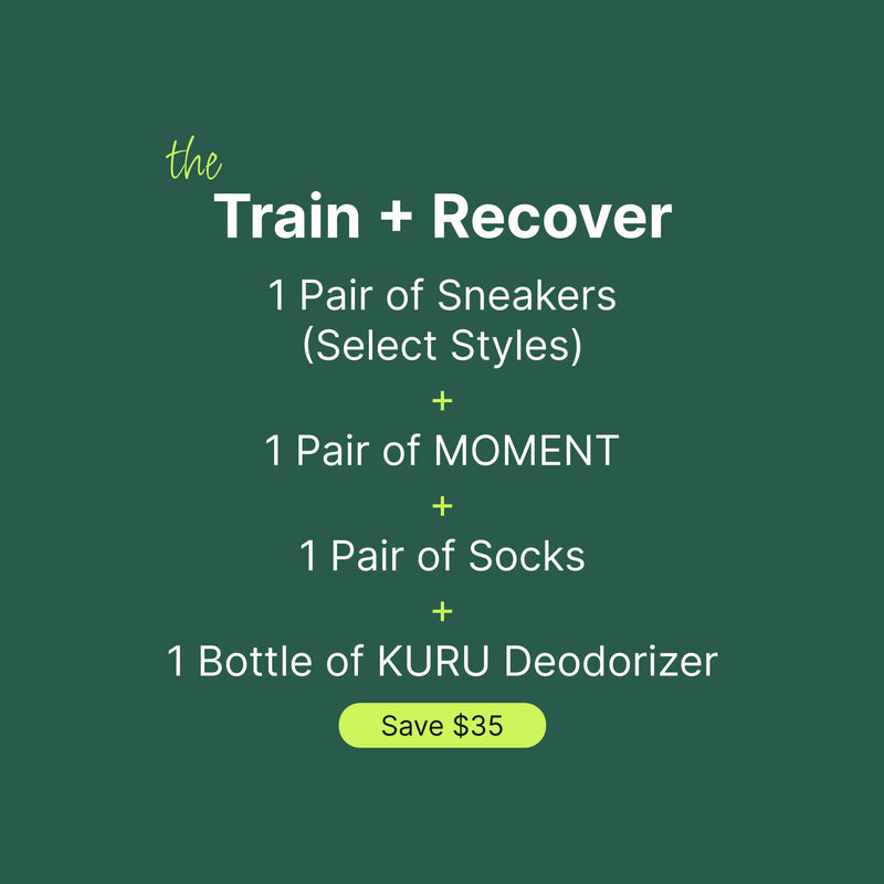 The KURU Train + Recover bundle: sneakers, MOMENT recovery shoes, socks, and KURU deodorizer. Save $35.