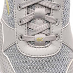 Close-up of the tongue and mesh upper on the KURU QUANTUM 2 Women's Fitness Sneaker in Dove Gray-Pale Lime.