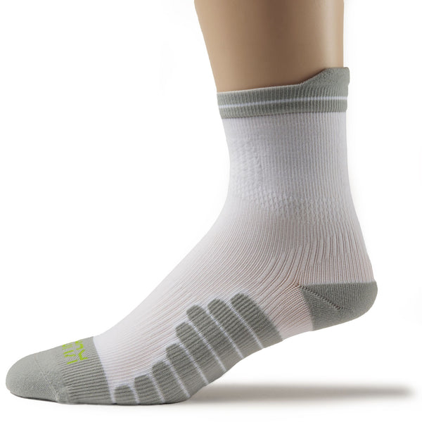 KURU SPARC 2.0 Unisex Crew Sock in Gray, medial view with cushioned footbed and ribbed arch support.