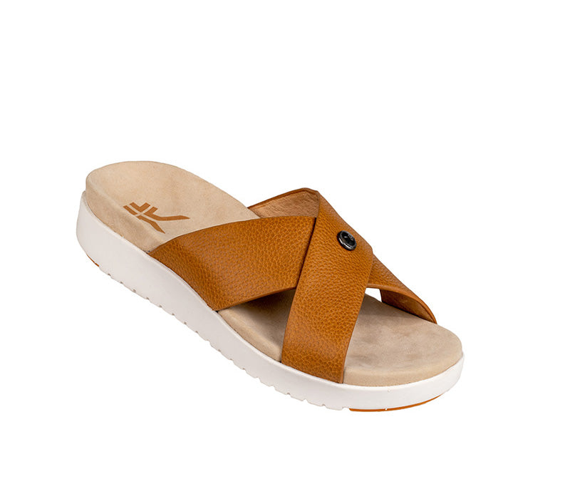 Toe touch view on KURU Footwear BREEZE Women's Slide Sandal in CaramelBrown-White-Gum