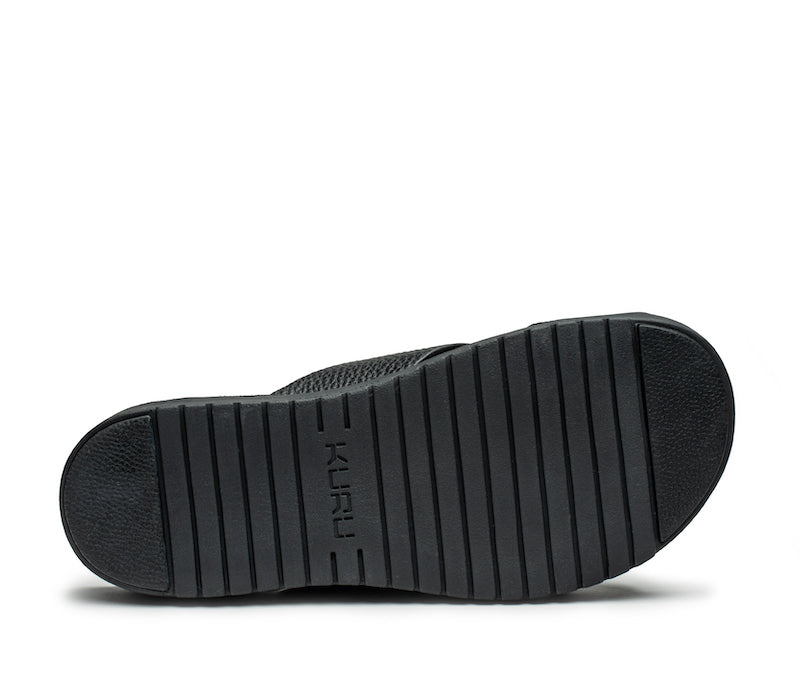 Detail of the sole pattern on the KURU Footwear BREEZE Women's Slide Sandal in JetBlack