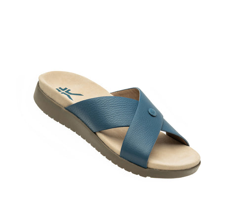Toe touch view on KURU Footwear BREEZE Women's Slide Sandal in MineralBlue-FadedBrown