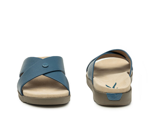 Front and back view on KURU Footwear BREEZE Women's Slide Sandal in MineralBlue-FadedBrown