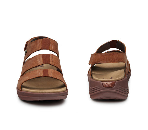 Front and back view on KURU Footwear MUSE Women's Multi-Strap Sandal in CognacBrown