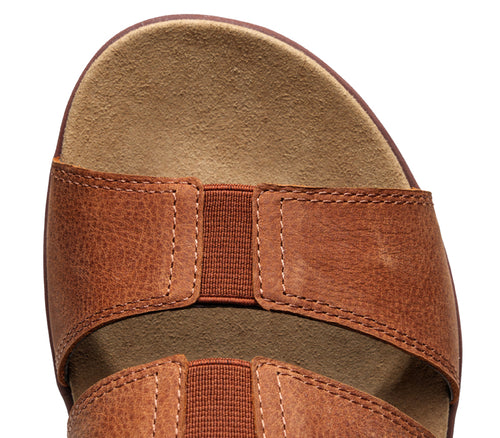 Close-up of the material on the KURU Footwear MUSE Women's Multi-Strap Sandal in CognacBrown
