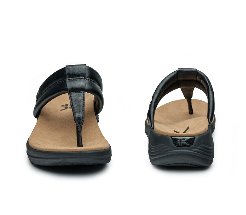 Front and back view on KURU Footwear SUVI Women's Slip-On Sandal in JetBlack