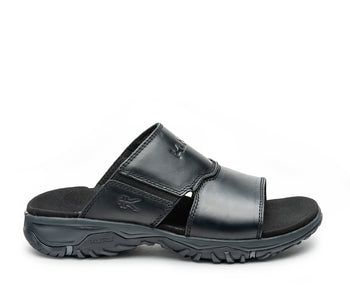 Outside profile details on the KURU Footwear COVE Men's Sandal in JetBlack-SlateGray