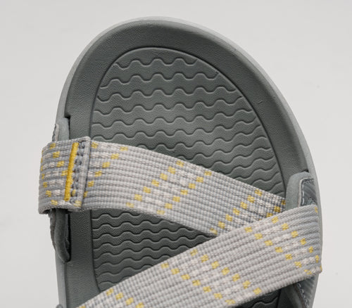 Close-up of the toe area on the KURU Footwear CURRENT Women's Sandal in CloudGray-SoftYellow