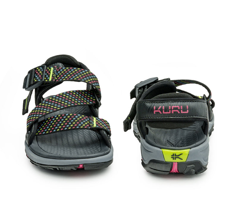 Front and back view on KURU Footwear CURRENT Women's Sandal in JetBlack-Multi