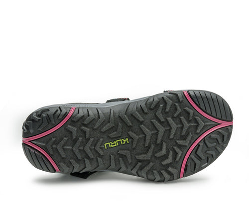 Detail of the sole pattern on the KURU Footwear CURRENT Women's Sandal in JetBlack-Multi