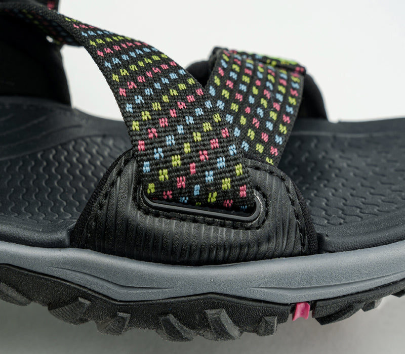 Close-up of the material on the KURU Footwear CURRENT Women's Sandal in JetBlack-Multi