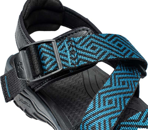 Close-up of the single-pull straps on the KURU Footwear CURRENT Women's Sandal in JetBlack-WaileaBlue