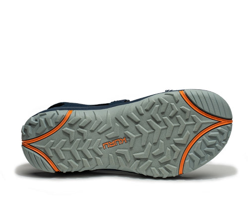 Detail of the sole pattern on the KURU Footwear CURRENT Men's Sandal in MidnightBlue-OrangeSpice