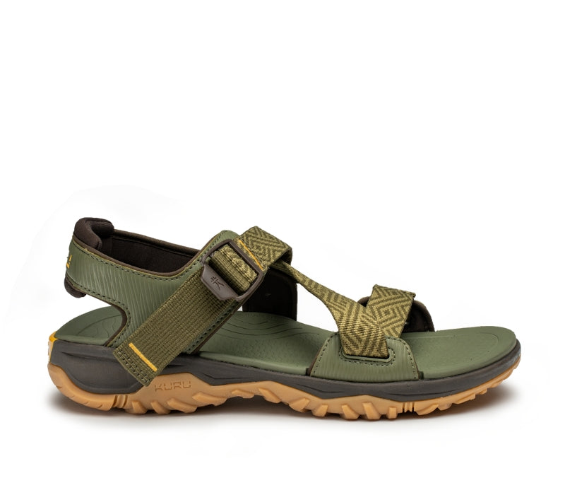 Outside profile details on the KURU Footwear CURRENT Men's Sandal in OliveGreen-GoldenYellow