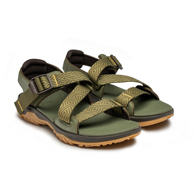 Side by side view of KURU Footwear CURRENT Men's Sandal in OliveGreen-GoldenYellow