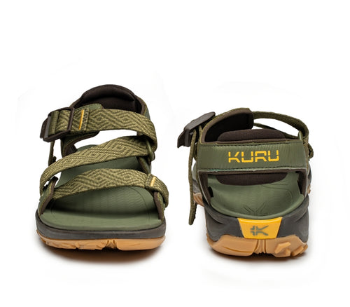 Front and back view on KURU Footwear CURRENT Men's Sandal in OliveGreen-GoldenYellow