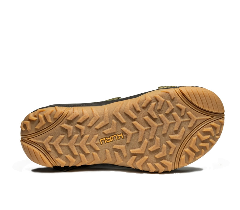 Detail of the sole pattern on the KURU Footwear CURRENT Men's Sandal in OliveGreen-GoldenYellow