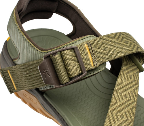 Close-up of the single-pull straps on the KURU Footwear CURRENT Men's Sandal in OliveGreen-GoldenYellow